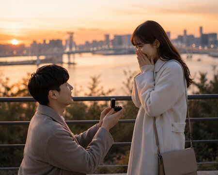 Young japanese man proposing marriage to girlfriend at romantic sunset viewpoint