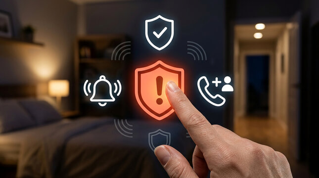 Smart home security system interface with finger touching red alert alert icon and security symbols in blurred night bedroom interior background