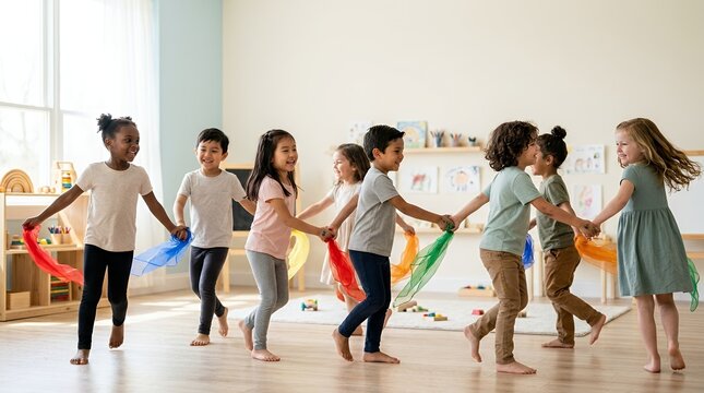 Group of diverse happy children holding colorful scarves dancing in a circle in a bright classroom.