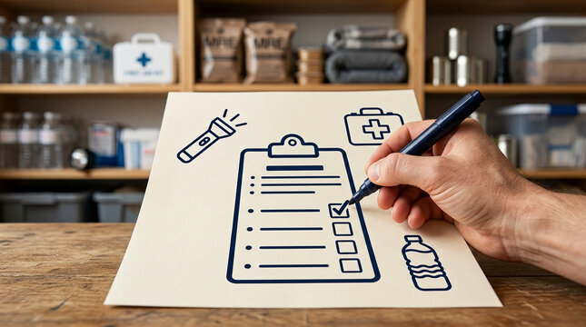 Emergency Preparedness Checklist with Hand Marking Items for Survival Kit Planning in a Well Stocked Pantry Background Store Room Layout
