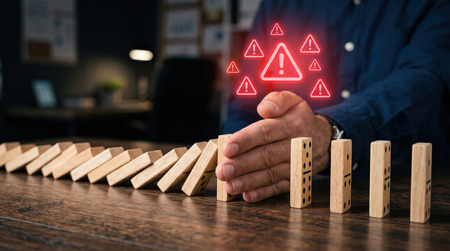 Businessman hand stopping wooden dominoes chain reaction to prevent crisis