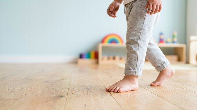 A young child walking barefoot across a wooden floor in a bright playroom.