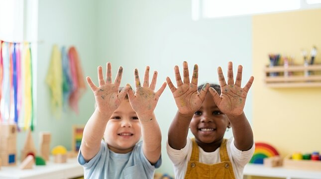Two happy diverse children showing their messy paint covered hands in a colorful classroom.