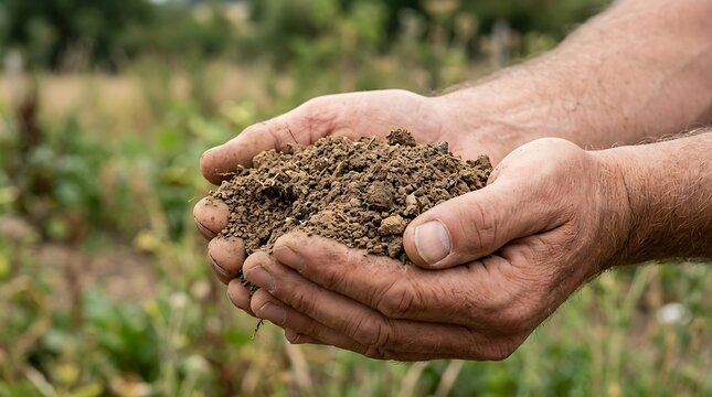 Farmer holding rich and fertile soil in cupped hands for agriculture and planting