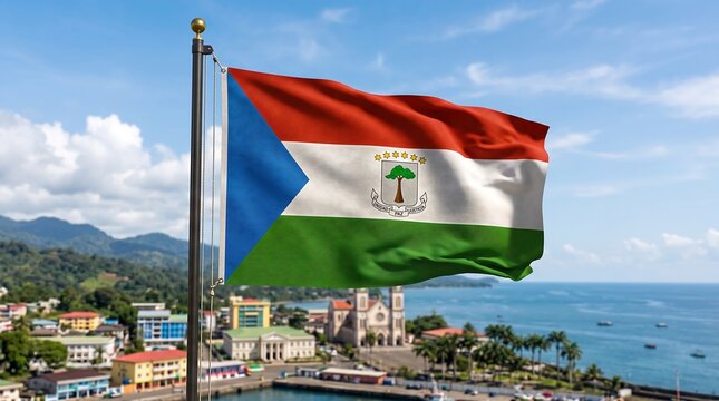 Equatorial Guinea national flag waving over Malabo city skyline and coastal landscape
