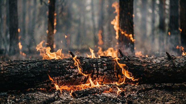 Forest wildfire burning trees and fallen logs in woods with heavy smoke