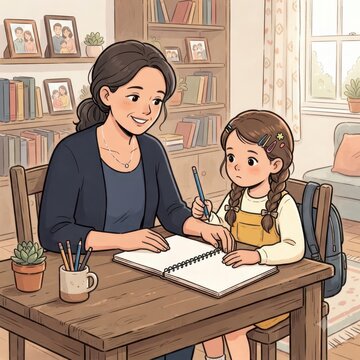 Mother helping daughter with homework