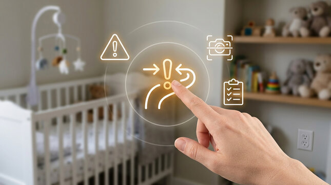 Smart home baby monitor concept with hand interacting with digital safety icons in a nursery room for security and parental control technology.