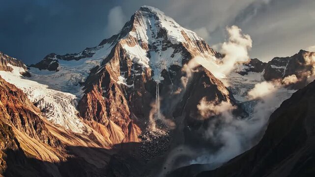 Majestic snow-capped mountain experiences a rockslide with debris falling into a valley during daytime.