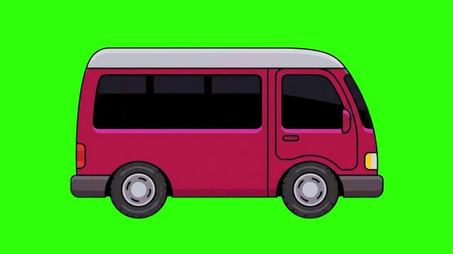 A cute 2D cartoon red minivan driving continuously against a bright green keying background. Ideal for kids learning videos, road trip concepts, transport animations, and keyable motion graphic projec