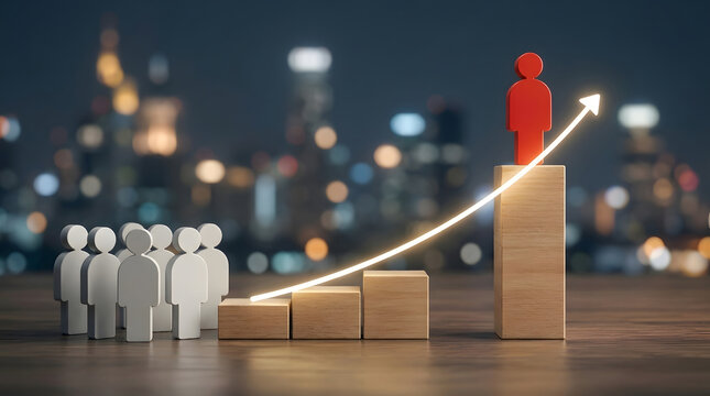 Wooden Figures Standing on Stair Steps Representing Corporate Hierarchy, Leadership Levels, Career Growth and Organizational Structure