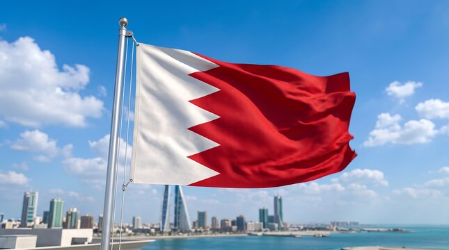 Bahrain flag waving against a clear blue sky and Manama city skyline background