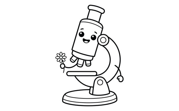 Cute cartoon microscope character holding a small flower for coloring page isolated on white background