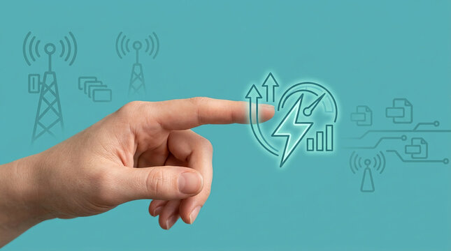 Hand Pointing at Digital Energy Efficiency Icon Representing Network Performance Optimization and High Speed Connectivity Concept
