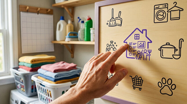 Household management concept with a hand touching a smart home icon on a chore board in a laundry room setting with stacked clothes and soap.