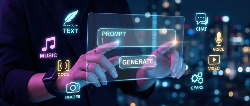 Innovative technology concept person interacting with futuristic digital interface displaying communication and media icons against a night city background