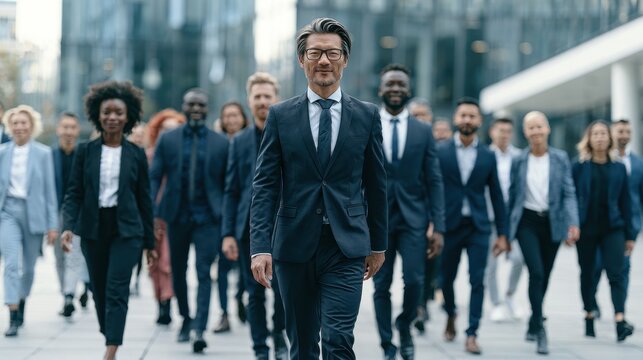 Diverse group of business professionals walking confidently towards the camera in a city