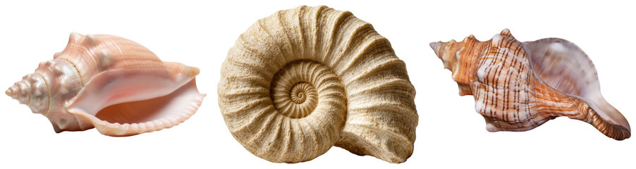Three different seashells and a fossilized ammonite isolated on a white background © Vu