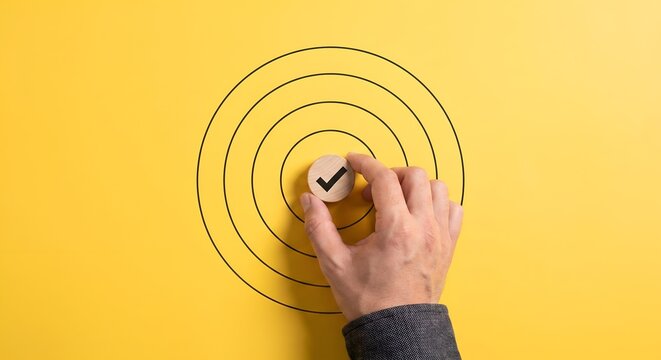 Hand Placing Checkmark Token In Target Center For Business Goal Achievement