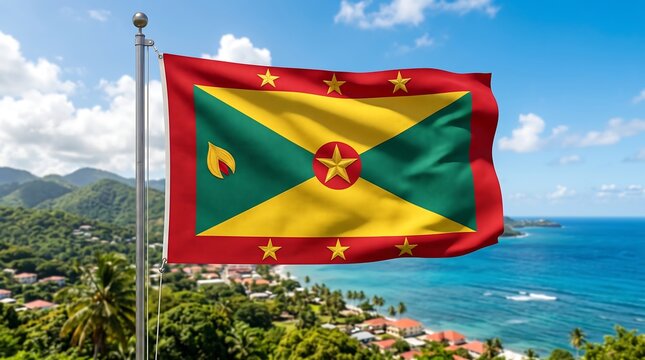 Grenada national flag waving against a tropical Caribbean coastline and blue sky