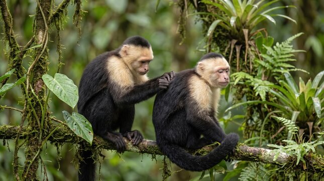 Two capuchin monkeys grooming each other while sitting on a branch in a tropical rainforest