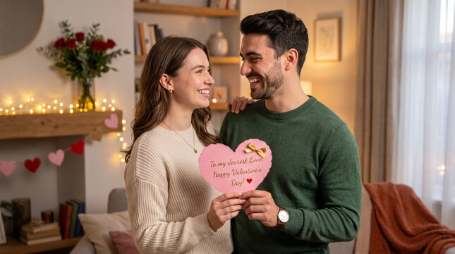 Happy Valentine&rsquo;s Day Couple Holding Pink Heart Card and Red Roses at Home.