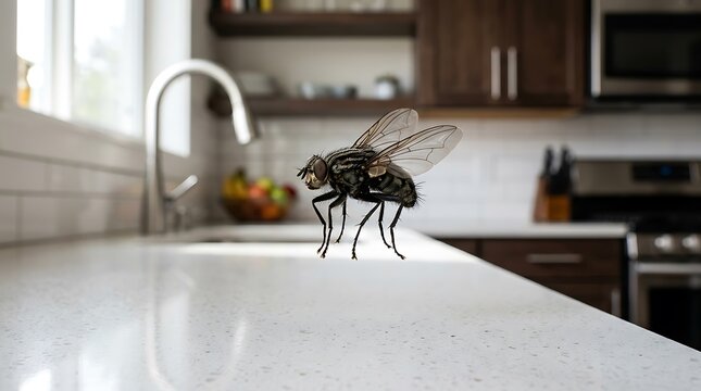 Intrusive housefly perched prominently on a bright kitchen countertop, a common domestic nuisance