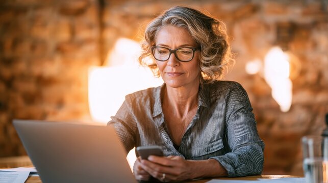 Professional mature woman working on laptop and smartphone in a warm, cozy office environment with soft lighting and blurred background