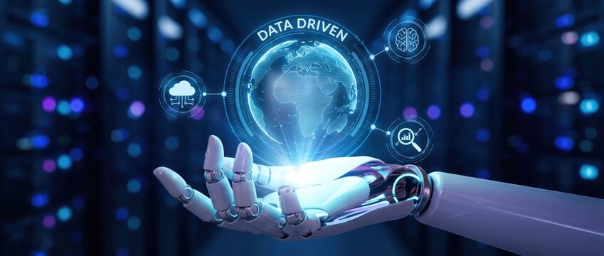 Advanced robotic hand showcasing holographic data visualization within a high tech setting featuring server racks and various digital components for an immersive experience
