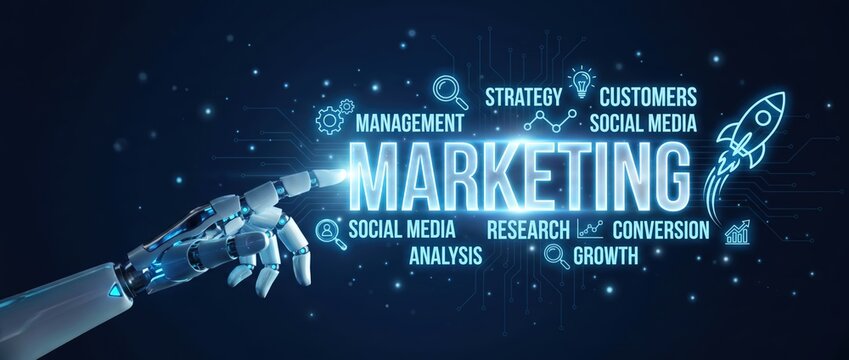 A futuristic robotic hand reaches out to the word marketing surrounded by diverse conceptual icons symbolizing innovative business strategies and digital expansion.