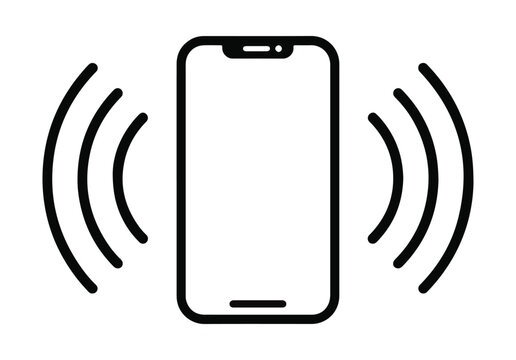 Smartphone icon with wireless connection signal waves outlining cellular network or internet connectivity cell phone mobile device black and white radio wave line art