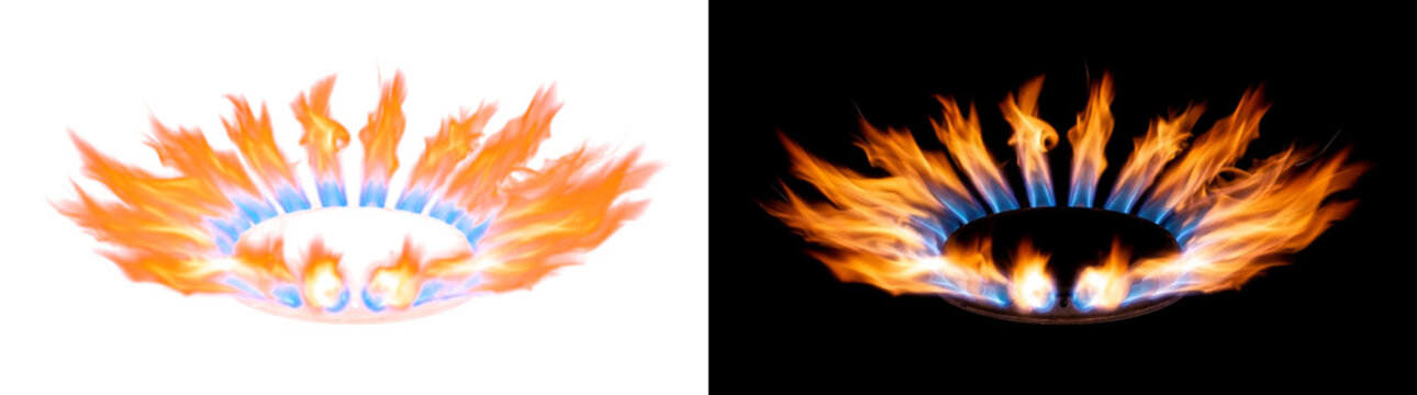 Radially flared ring burner flame crown with intense combustion micro-jets, burning effect cutout with real transparency