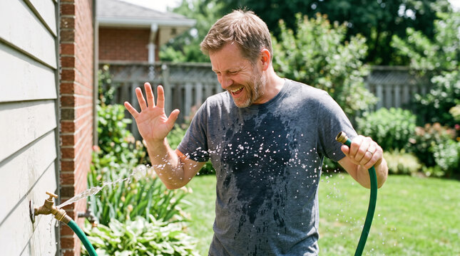 Man laughing while accidentally spraying himself with a garden hose in backyard