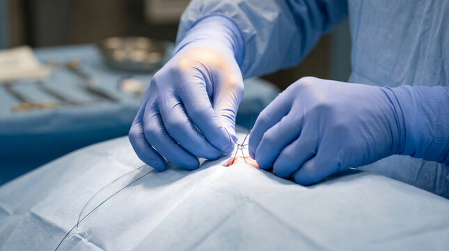 Surgeon wearing blue gloves performs suturing during a medical procedure