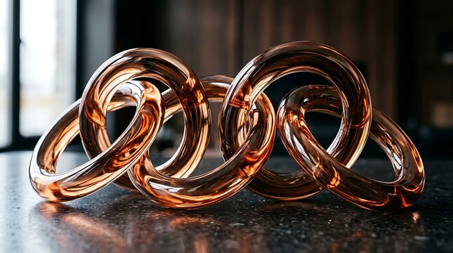 Interlocking glass rings with glossy copper reflections.