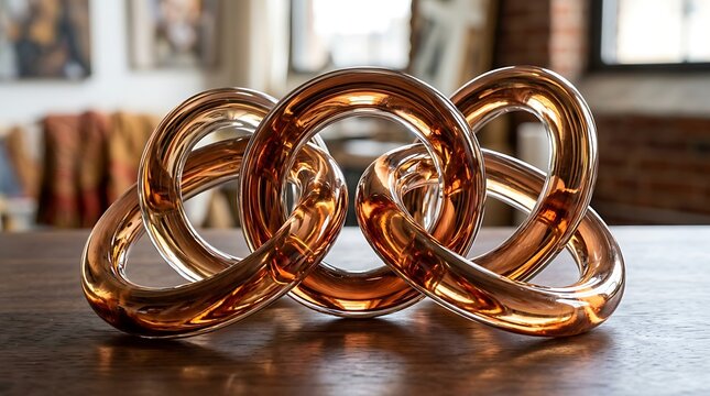 Interlocking glass rings with glossy copper reflections.