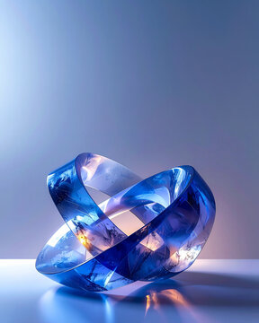 Abstract 3D glass structure featuring interlocking rings and inner cosmic textures. Studio lighting highlights optical refraction and blue neon tones. Conceptual background for quantum computing syste
