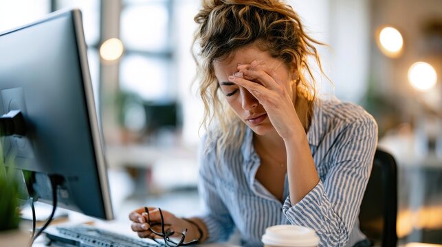 Stressed young woman sitting at a computer desk, holding her head in her hand, feeling overwhelmed and exhausted by work pressure