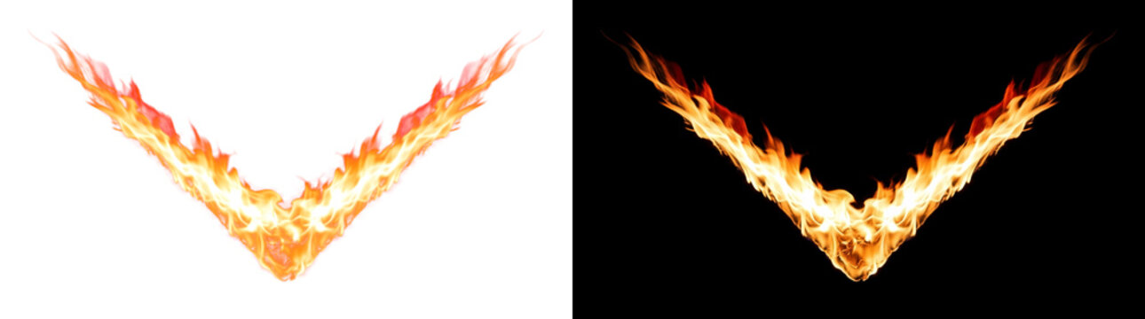 Single wide burning v-shaped chevron flame ribbon glowing fire transparent design element