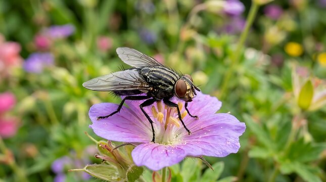 Close-up of a common fly with intricate wing details, gently resting on a purple flower petal in a bright garden scene