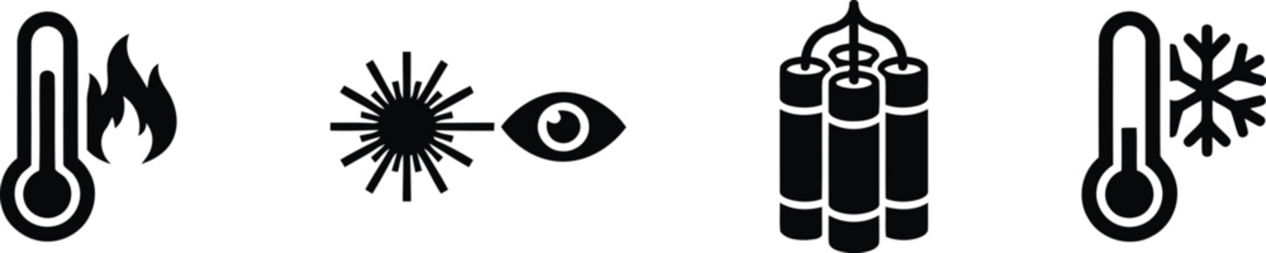 Set of four black icons representing heat cold sun vision and explosive dynamite sticks on white background