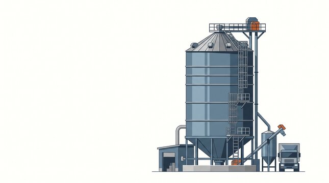 Modern agricultural grain silo for farming storage, flat design industrial facility icon.