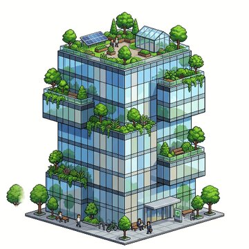 Pixel art sustainable glass office building with rooftop garden and green architecture.