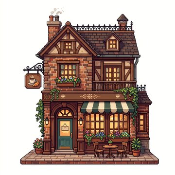 Pixel art illustration of a cozy brick cafe building with outdoor seating and signage.