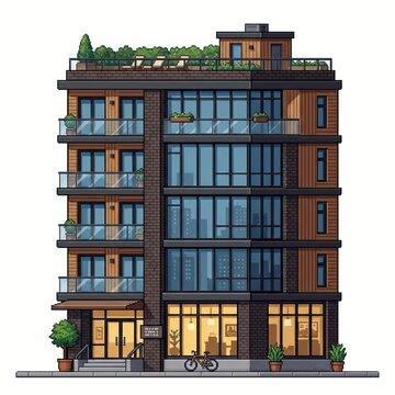 Modern boutique hotel building exterior with rooftop terrace and flat design style.