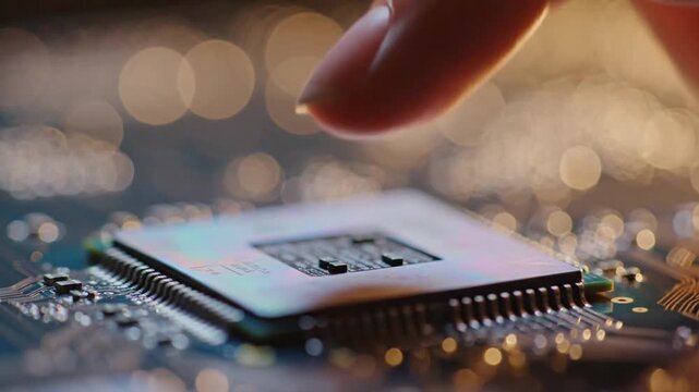 A human finger gently approaching a sophisticated computer chip on a printed circuit board, highlighting the intricate details of modern technology and hardware.