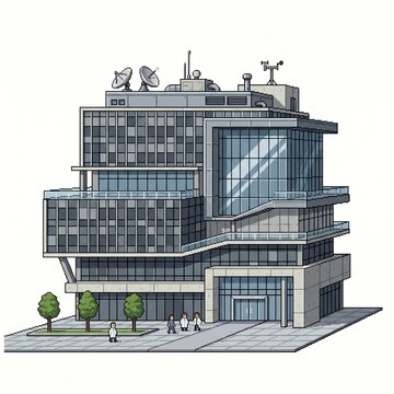 Modern research center building in pixel art style with flat design aesthetic