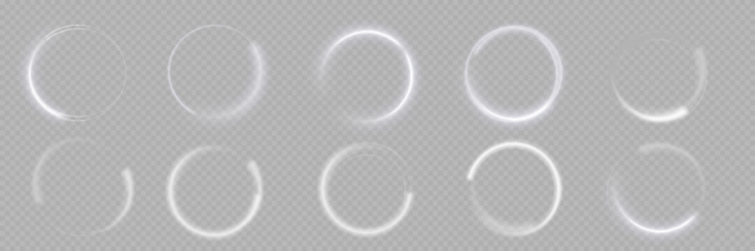 Light white Twirl. Curve white line light effect. Abstract luxury white light vector flare semicircle and spark light effect. Glowing white circle. PNG isolated set