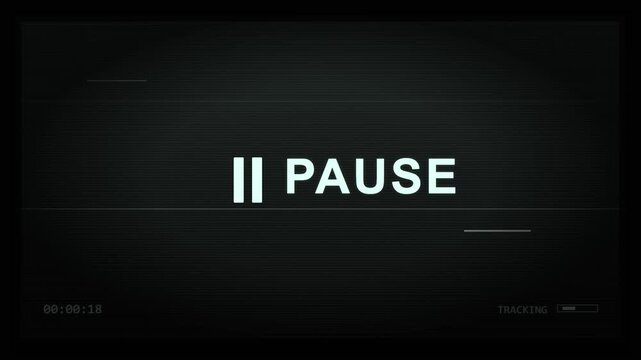 Pause screen display overlay featuring retro analog video tape distortion effects within a motion digital clip