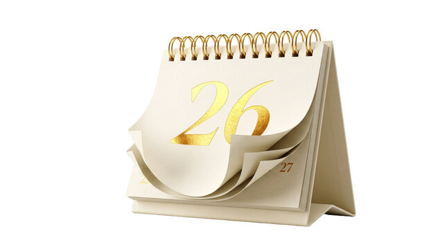 Elegant desk calendar mockup with gold foil number 26 on flipping paper page